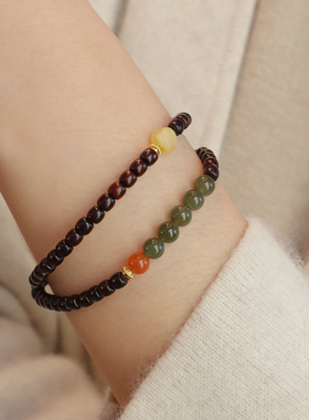 天然桶珠小叶紫檀木手串佛珠搭配天然和田玉蜜蜡手链高级文玩饰品