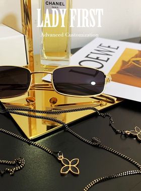 韩版复古方形黑色挂链链条太阳镜