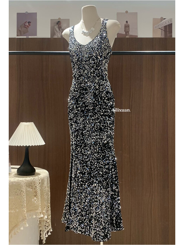 2024新款女装年会晚礼服重工亮片包臀开叉鱼尾长裙冬季内搭连衣裙