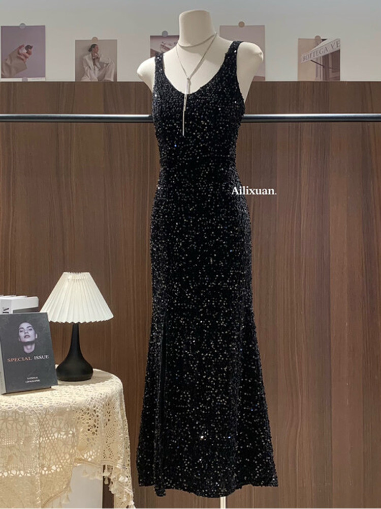 2024新款女装年会晚礼服重工亮片包臀开叉鱼尾长裙冬季内搭连衣裙