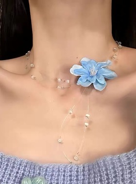 芭比爱璃夏季甜美气质蓝色花朵项链度假风choker锁骨链