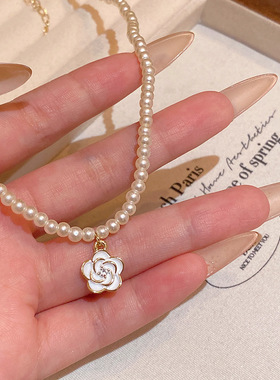 搜搜正圆S家小米珠锁骨链温柔气质山茶花项链女轻奢小众高级感