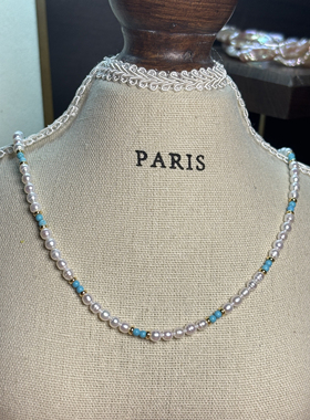 S925纯银3-4mm螺纹珍珠绿松项链女新款款时尚经典百搭