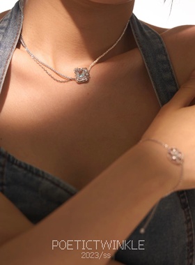 纯银链条珍珠点缀海蓝色镶钻