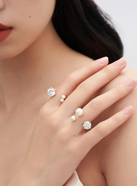 水晶珍珠小众设计风纯银开口戒指