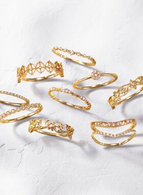 日系轻奢简约百搭弧度V型镶钻锆石925戒指环经典叠戴