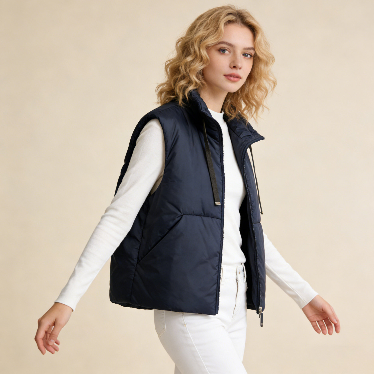 欧美风轻盈保暖珍奢驼绒填充抽绳立领休闲女款背心马甲外穿内搭,淘宝优惠券,粉丝福利购,淘宝优惠卷