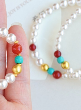 赵露思许妍天然7A红玛瑙珍珠手串