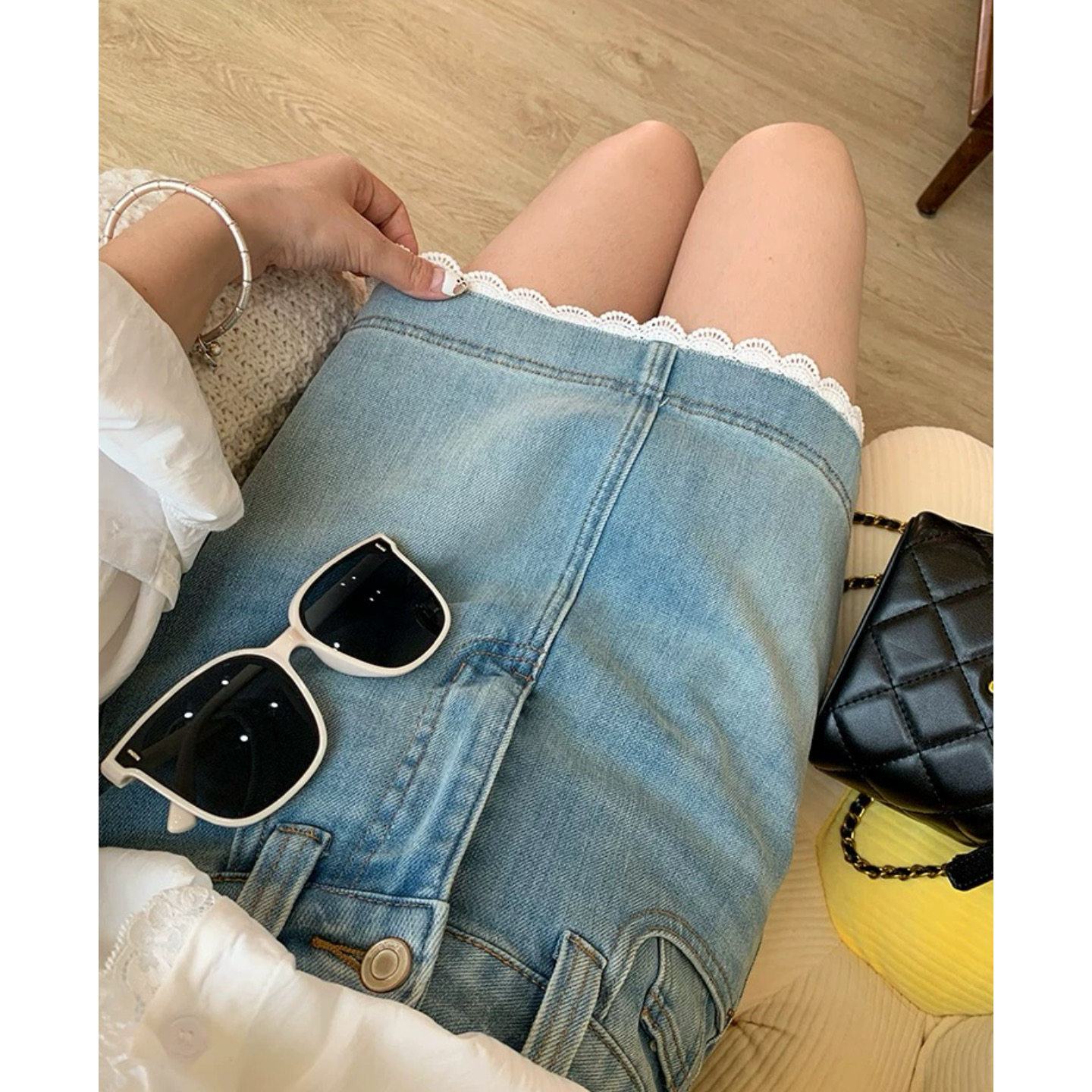 富尔大码定制女装微胖mm蕾丝拼接牛仔半身裙夏季高腰宽松a字短裙,淘宝优惠券,粉丝福利购,淘宝优惠卷