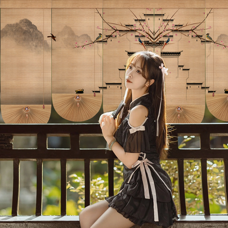 竹帘卷帘中式扇形竹帘店铺茶楼印花罗马帘阳光房遮光隔热帘隔断帘,淘宝优惠券,粉丝福利购,淘宝优惠卷