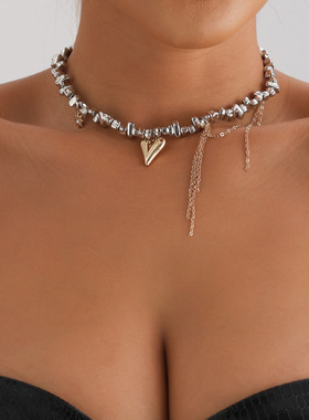 SexyMetalHeartNecklace性感爱心吊坠串珠锁骨链金属项链夜店