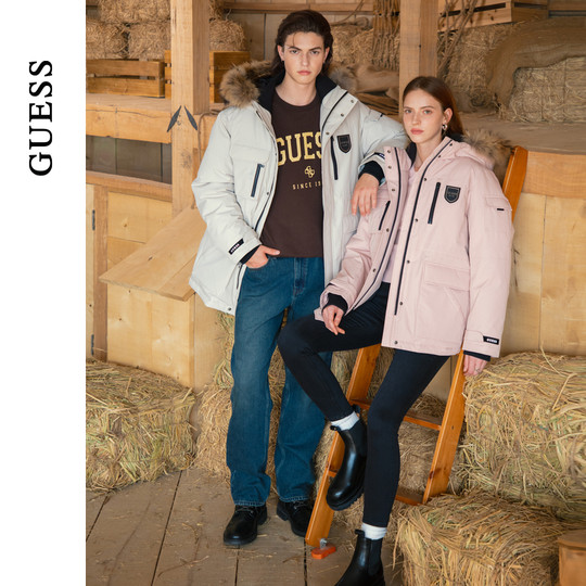 GUESS multi-pocket fur collar parka down jacket