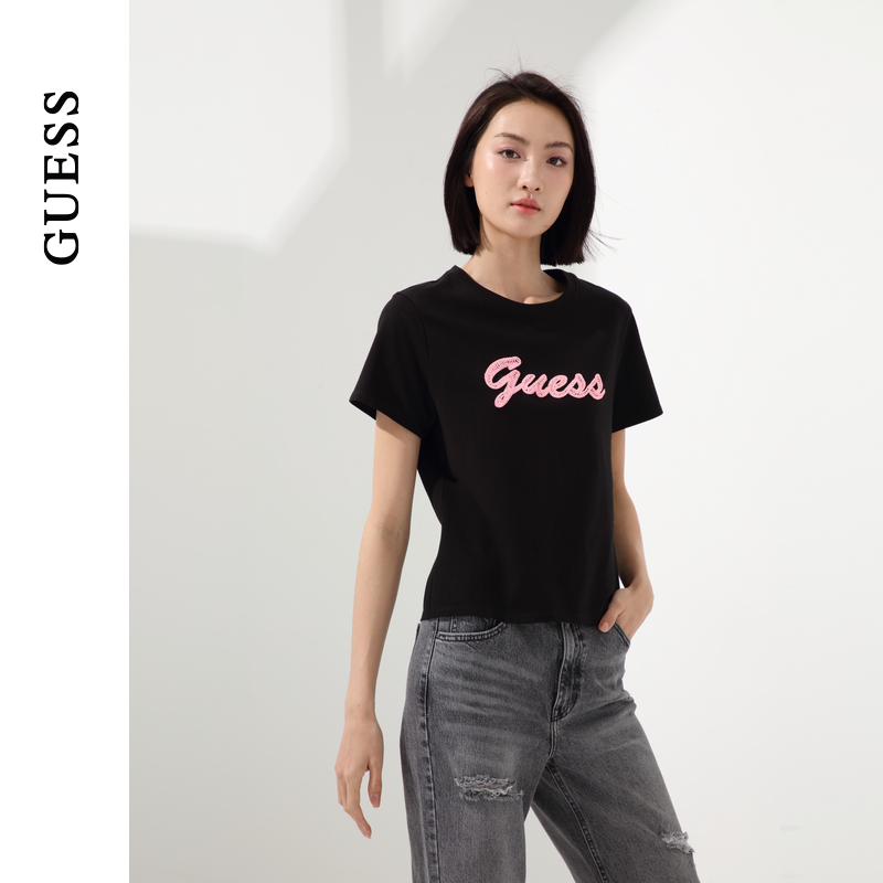 GUESS24年新款夏季女士黑粉白粉撞色芭比搭配T恤短袖-Q4PI09K2Q40 - 图0