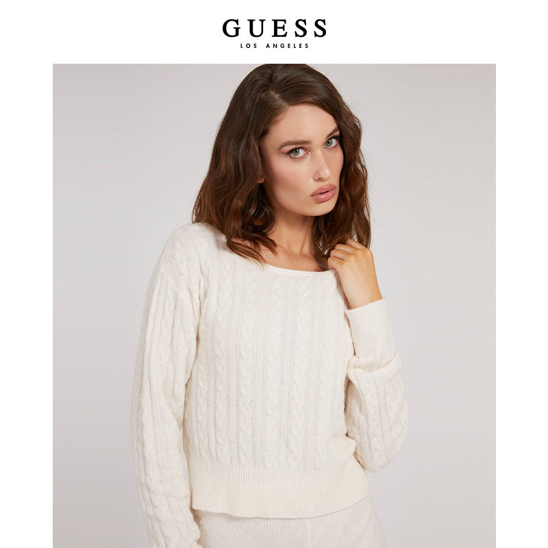 GUESS女士复古时尚纯色一字领短款针织衫-W1BR06Z2QA0 - 图1