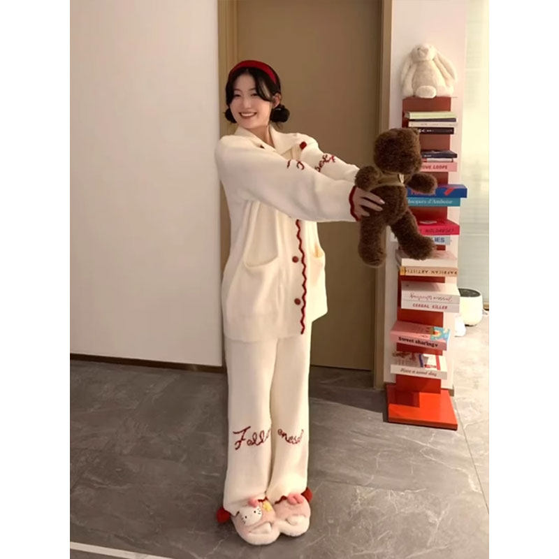 针织半边绒睡衣女款秋冬季加厚甜美法兰绒开衫长裤大码家居服套装,淘宝优惠券,粉丝福利购,淘宝优惠卷