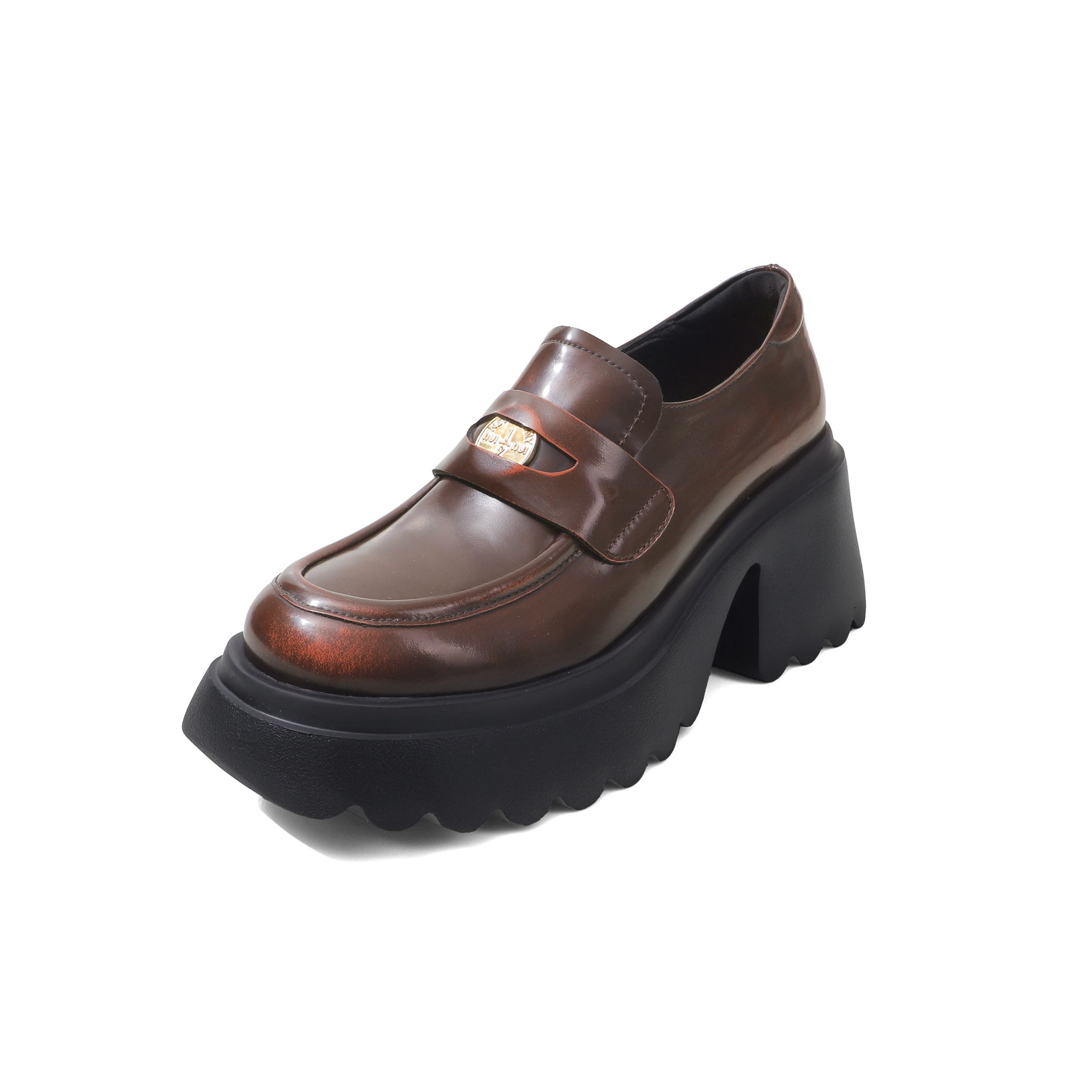 圆圆妈2026春季时尚单鞋中口金币套脚休闲百搭粗跟牛皮女鞋乐福鞋,淘宝优惠券,粉丝福利购,淘宝优惠卷