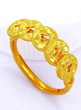 新品纯银999.9足银电镀黄金钱币款戒指女款个性五帝钱款戒指饰品