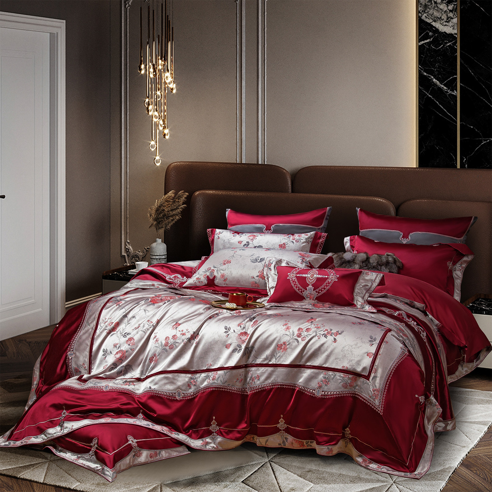 新中式高端结婚四件套140支真丝棉刺绣被套酒红陪嫁婚庆床上用品,淘宝优惠券,粉丝福利购,淘宝优惠卷