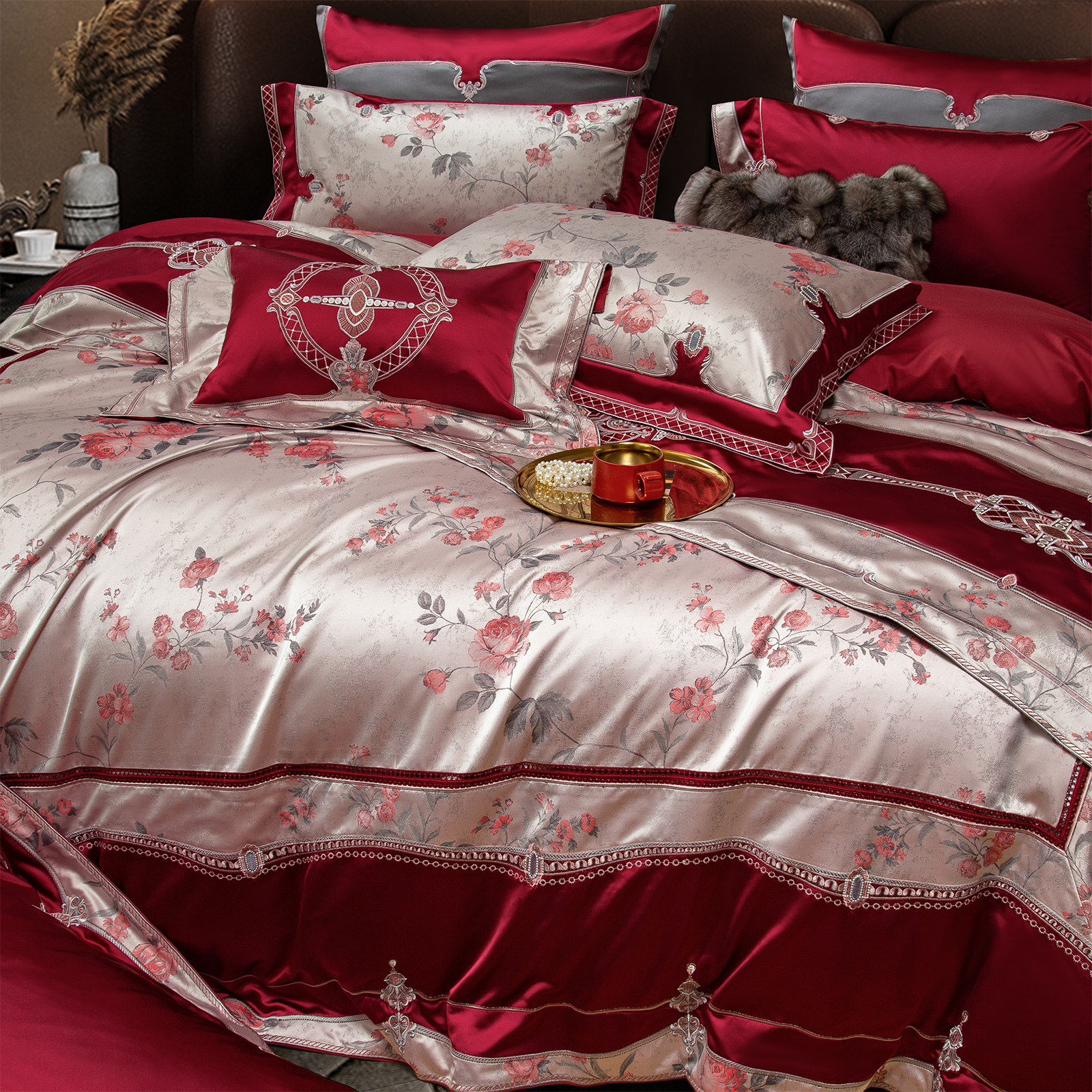 新中式高端结婚四件套140支真丝棉刺绣被套酒红陪嫁婚庆床上用品,淘宝优惠券,粉丝福利购,淘宝优惠卷