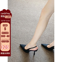 High heel shoe fine heel 2023 fall new sheep leather rear stumbled with Baotou sandal sandal woman black pointed single shoe matching skirt