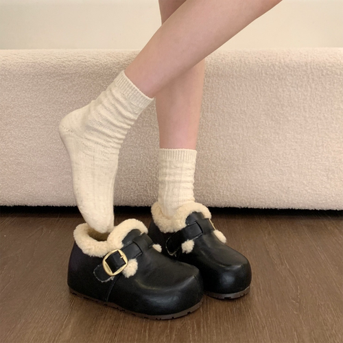 厚底加绒勃肯鞋女2025新款冬季内增高复古一脚蹬加绒毛毛鞋棉鞋子 - 图1