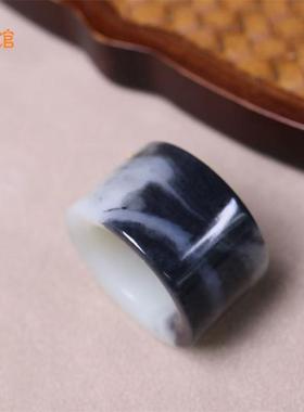 和田玉青花扳指新疆叶城墨玉扳指男款内径22mm精品黑白分明玉碟