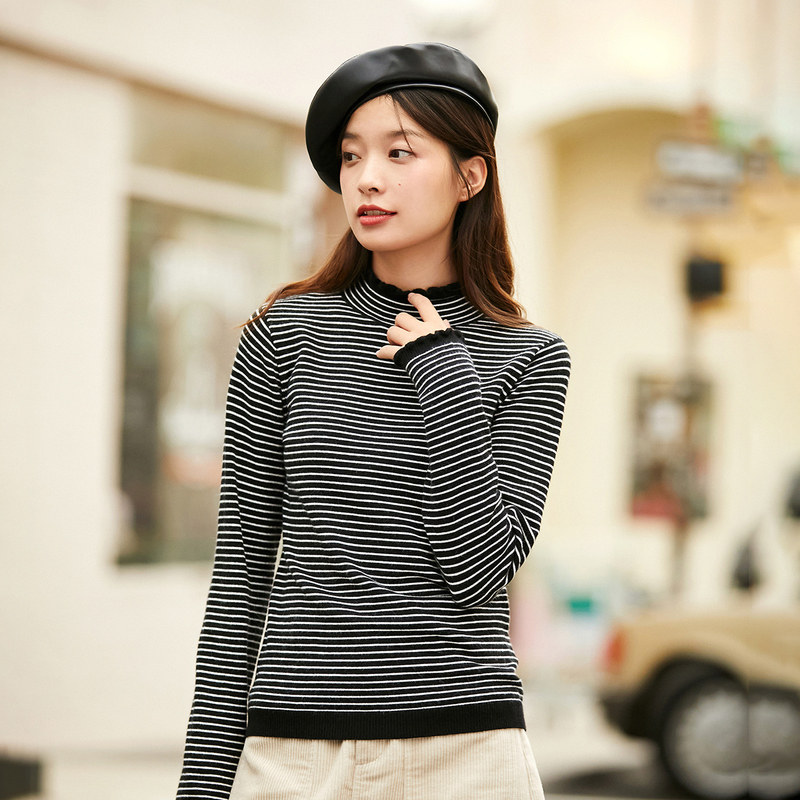 茵曼半高领2020秋冬新款条纹毛衣 茵曼筱茵毛衣