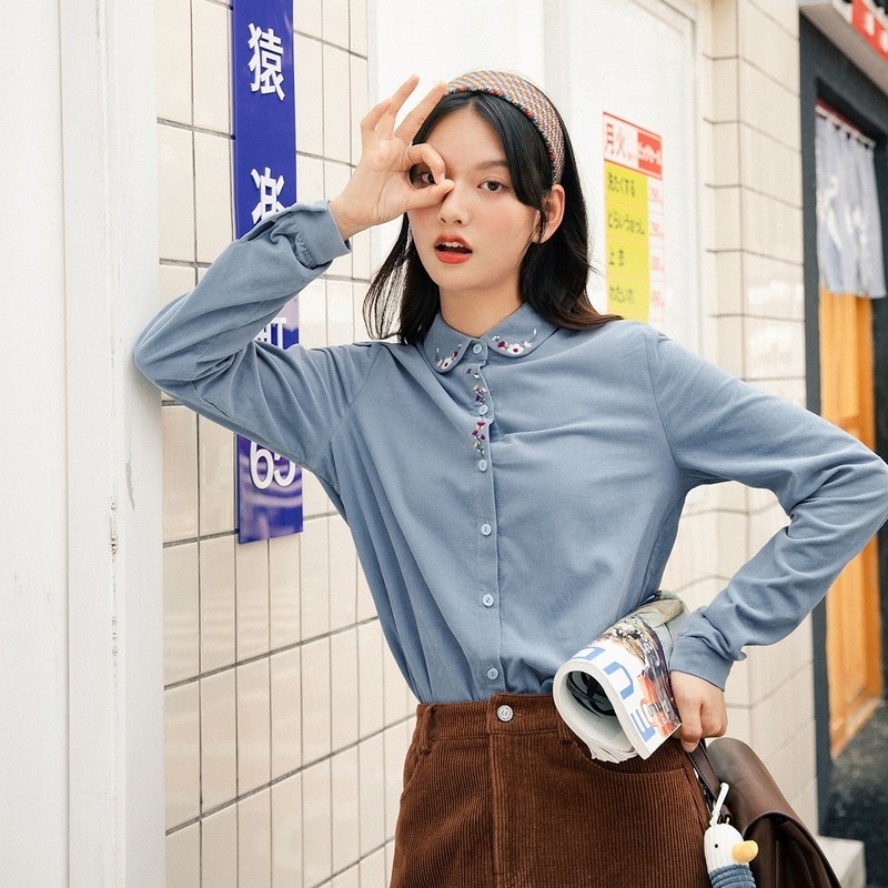 茵曼灯芯绒2021秋装新款娃娃领衬衫 茵曼筱茵衬衫