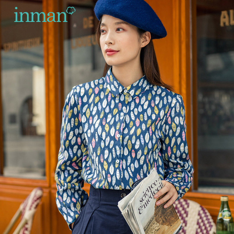 茵曼旗舰店长袖碎花复古港风花衬衫 茵曼筱茵衬衫