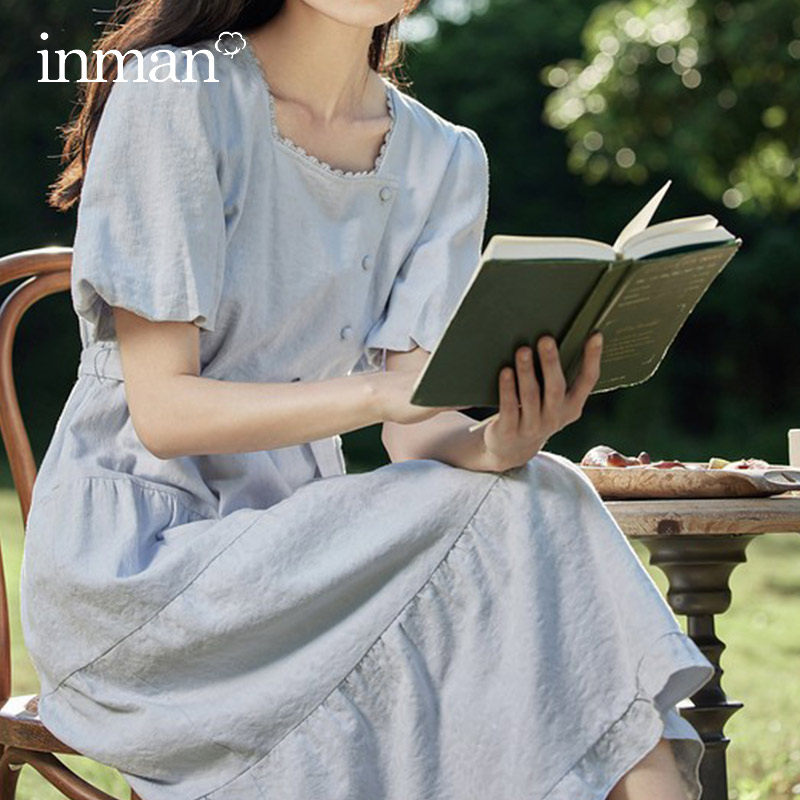 茵曼全棉方领2023夏季新款连衣裙 茵曼筱茵连衣裙