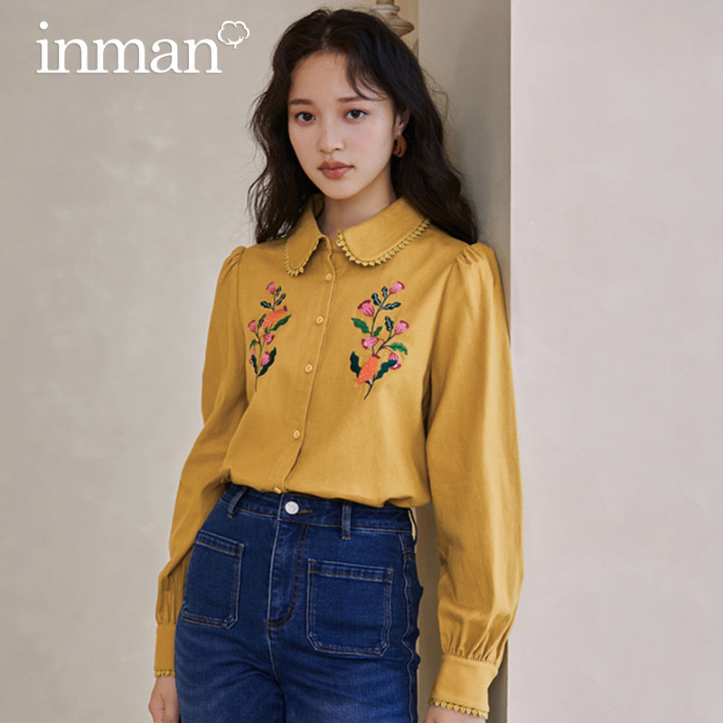 茵曼绣花长袖2022春季新款宽松衬衫 茵曼筱茵衬衫