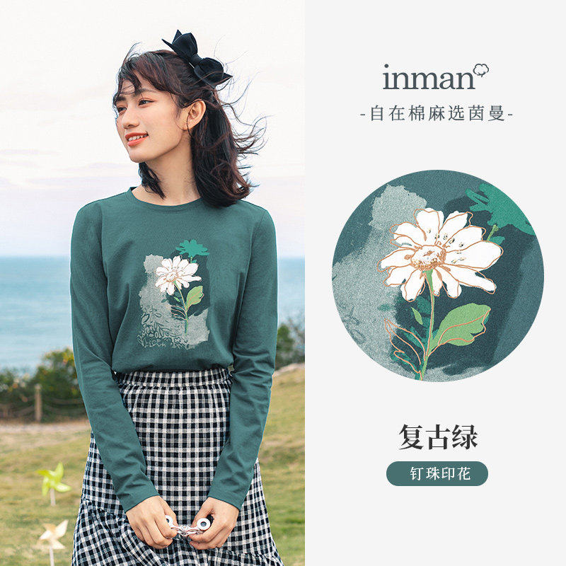 茵曼旗舰店纯棉t恤女长袖打底衫 茵曼筱茵T恤