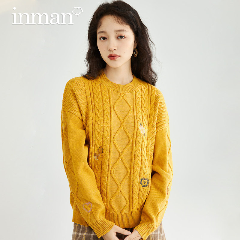 茵曼麻花套头2022春季新款宽松毛衣 茵曼筱茵毛衣