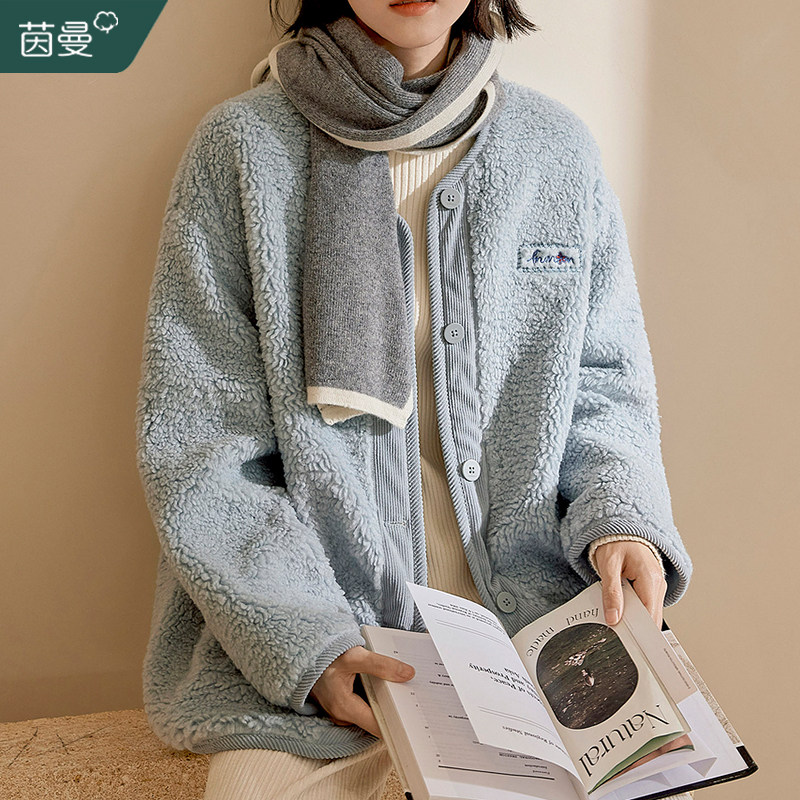 茵曼旗舰店加绒羊羔毛外套新款棉服 茵曼筱茵短外套