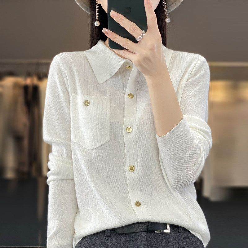 新款长袖Polo领衬衣精纺羊毛针织衫气质百搭纯色修身外套开衫