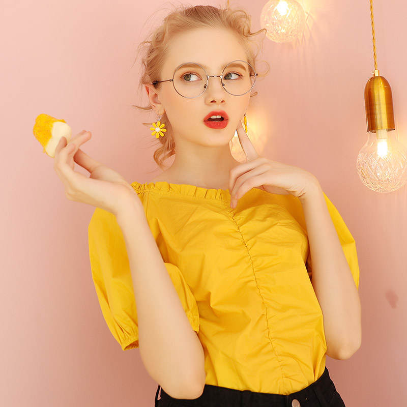 库恩玛维旗舰店设计感小众法式泡泡袖短袖衬衫女夏季小衫年新款高腰白色衬衣0