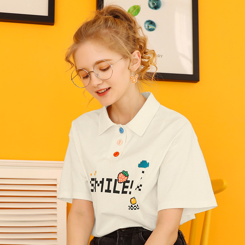 库恩玛维旗舰店夏季新款日系少女短袖T恤女翻领半袖Polo衫宽松学生t桖ins潮0