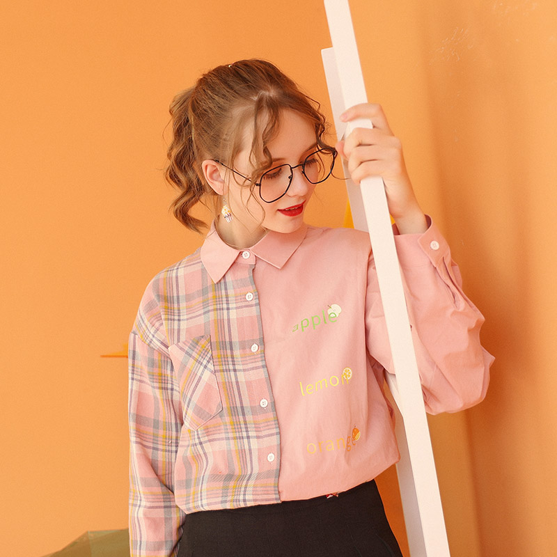 库恩玛维旗舰店库恩玛维设计感小众拼接衬衫女年新款不规则格子衬衣秋季上衣1