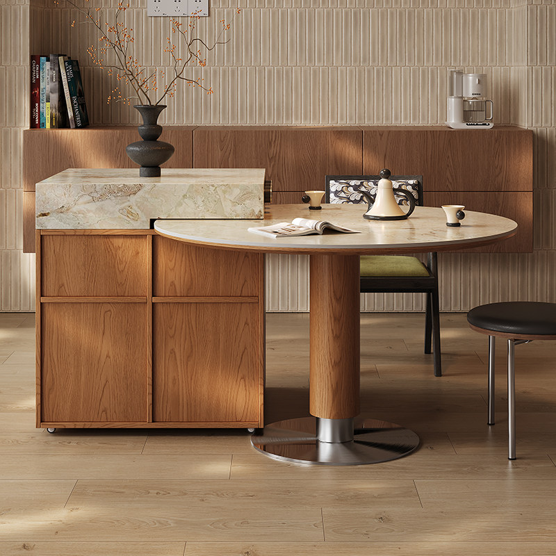 可移动圆桌岛台小户型餐桌一体餐边柜洞石岩板单独岛台柜小岛台,淘宝优惠券,粉丝福利购,淘宝优惠卷