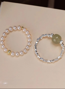 绿色圆珠碎银子戒指女