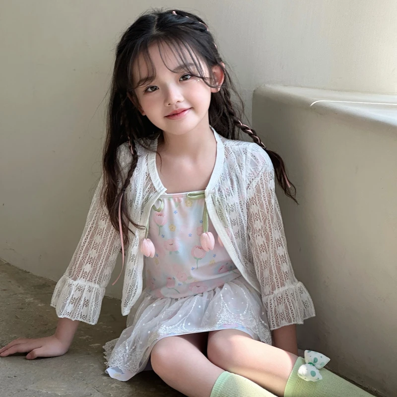 209儿童泳衣夏季新款吊带连衣裙蕾丝甜美女童泳衣平角裙式泳装 - 图3