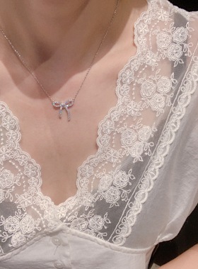 项链女吊坠925纯银简约气质ins网红小众不掉色防过敏蝴蝶结锁骨链