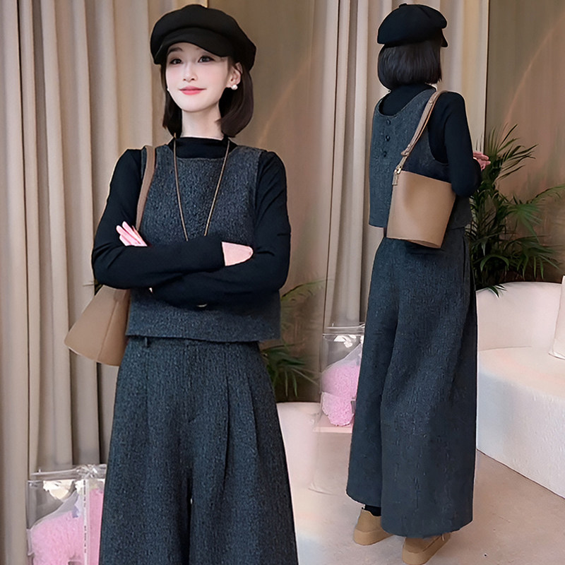2026年秋冬季新款高级感毛呢时尚马甲套装女气质九分阔腿裤三件套,淘宝优惠券,粉丝福利购,淘宝优惠卷
