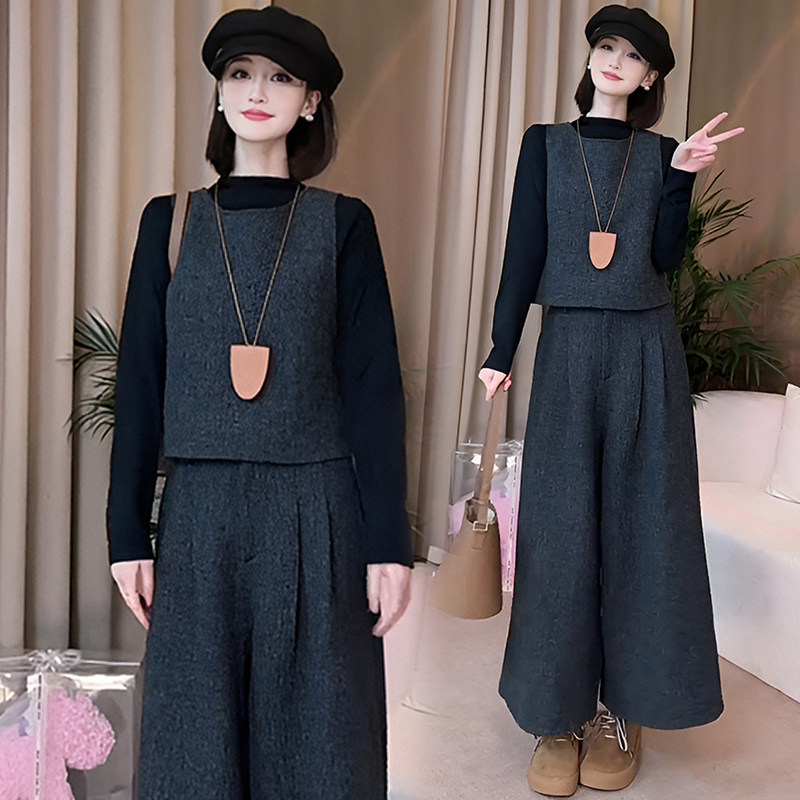 2026年秋冬季新款高级感毛呢时尚马甲套装女气质九分阔腿裤三件套,淘宝优惠券,粉丝福利购,淘宝优惠卷