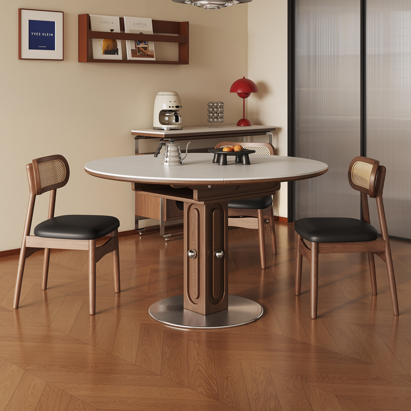 政府补贴馨佰利岩板实木餐桌2025新款家用小户型中古风可伸缩饭桌 - 图2