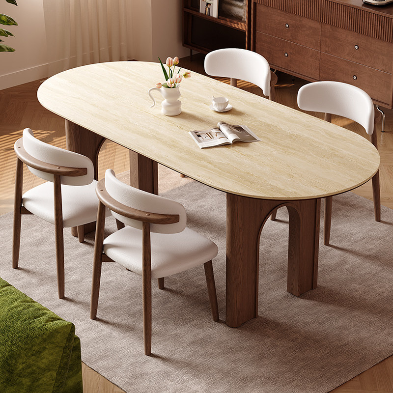馨佰利洞石岩板餐桌椅组合中古风2025新款家用小户型椭圆实用饭桌,淘宝优惠券,粉丝福利购,淘宝优惠卷