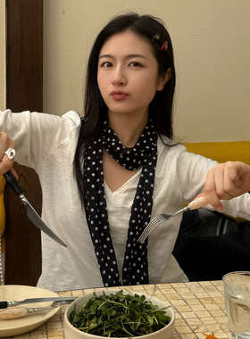 李兰迪同款丝巾法式老钱风黑白波点薄款百搭颈饰长条飘带围巾领巾