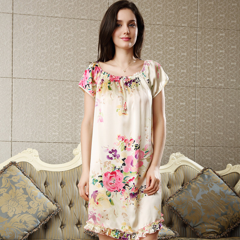 舒绸坊夏天短袖100桑蚕丝睡裙中裙 舒绸坊睡裙