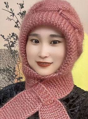帽子围巾一体女冬2025新款编织棋盘围脖风雪帽保暖针织毛线帽加厚