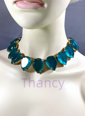 JCR复古金孔蓝绿色大水滴项链